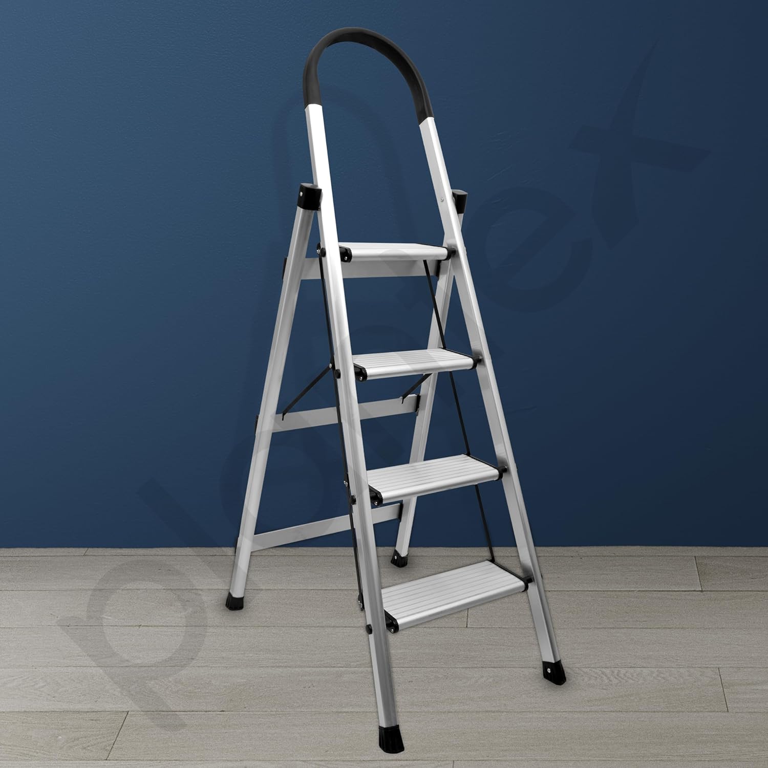 Plantex Surestep 4 Step Aluminum Ladder for Home/Non-Slip Wide-Step Foldable Ladder with Knee Guard, PVC Shoes and Cross Bars (Anodize-Silver)