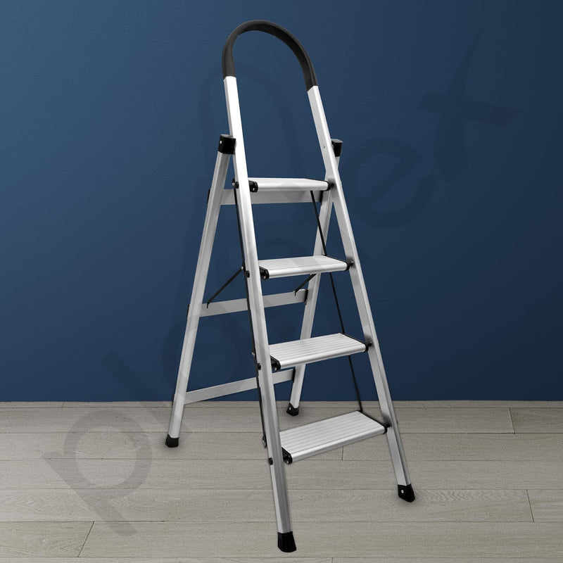 Plantex Surestep 4 Step Aluminum Ladder for Home/Non-Slip Wide-Step Foldable Ladder with Knee Guard, PVC Shoes and Cross Bars (Anodize-Silver)