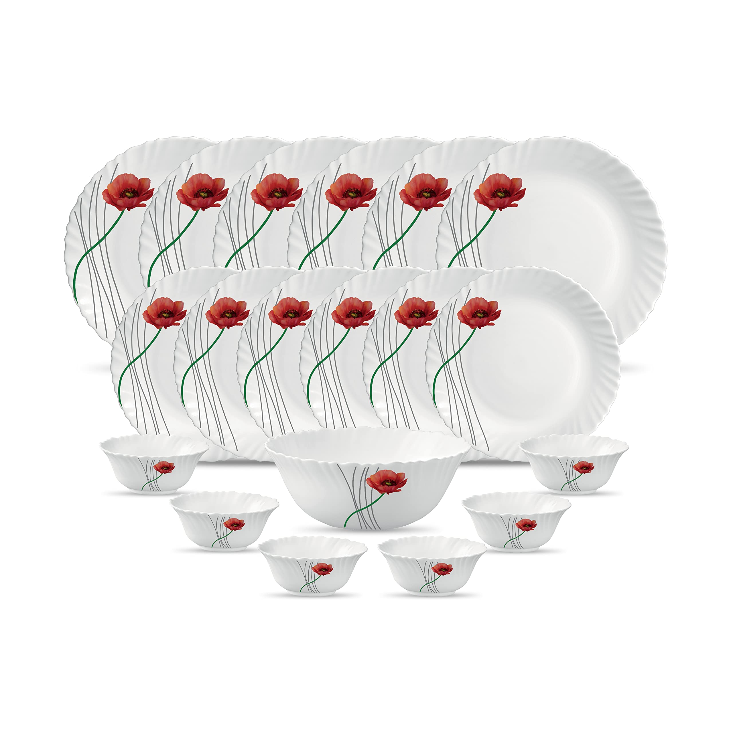 La Opala Diva Classique Collection Opal Glass Crockery | for Family of 6 | Dinner Set 19 pcs Fluted Green | Plates & Bowls for Dining | Microwave Safe | 100% Vegetarian | Extra Strong | White