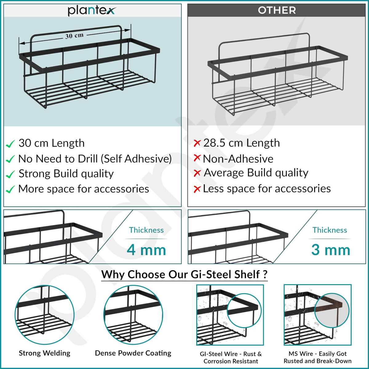Plantex GI Steel Self Adhesive Bathroom Shelf/Wall Mounted Shelf for Bathroom with Magic Sticker/Bathroom Organiser (Black, Powder Coated)-5