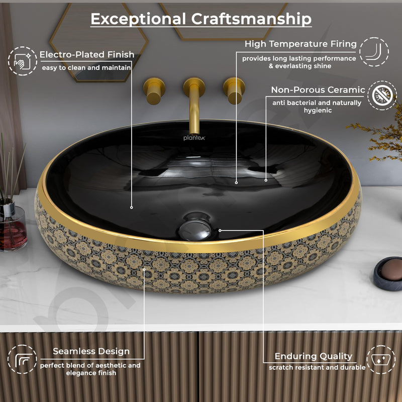 Plantex Tabletop Wash Basin for Bathroom/Designer Ceramic Basin/Countertop Vessel Sink Basin for Home/Hotel - (Black & Gold - 23.5 x 16 x 6 inch)-4