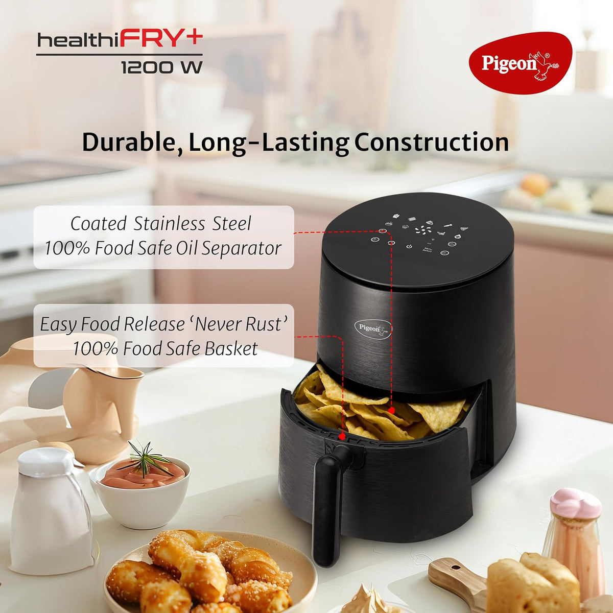 Pigeon Healthifry 3.3L Compact Digital Air Fryer | 1200W | 360° Rapid Air Circulation | 85% Less Oil | Non-Stick Basket 