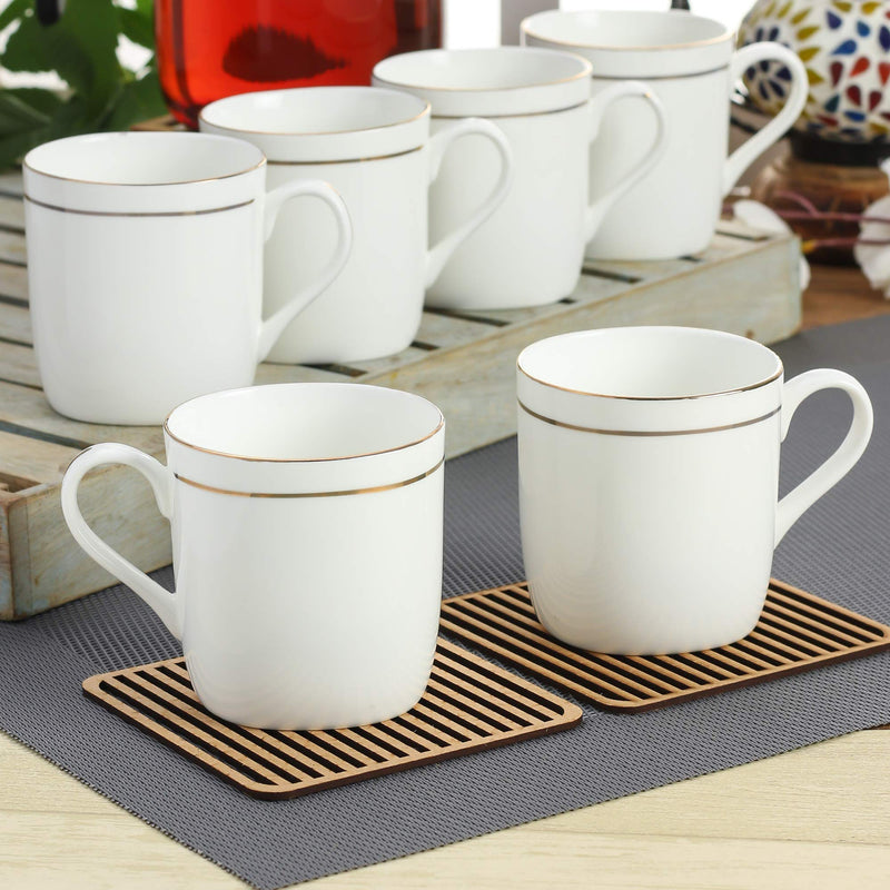 Clay Craft Elegant Gold Line Coffee/Tea Cups Set of 6 Perfect for Daily use 180 ml, White, Standard (Pipe-Set of 6)