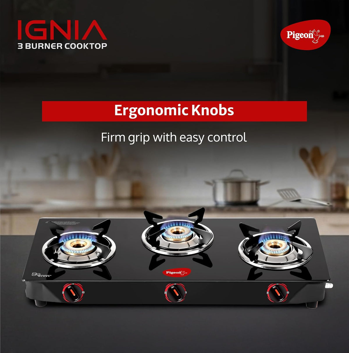 Pigeon Ignia 3 Burner Gas Stove with Open Heating Element, Black, Toughened Glass, Easy Cleaning, 2-Year Warranty