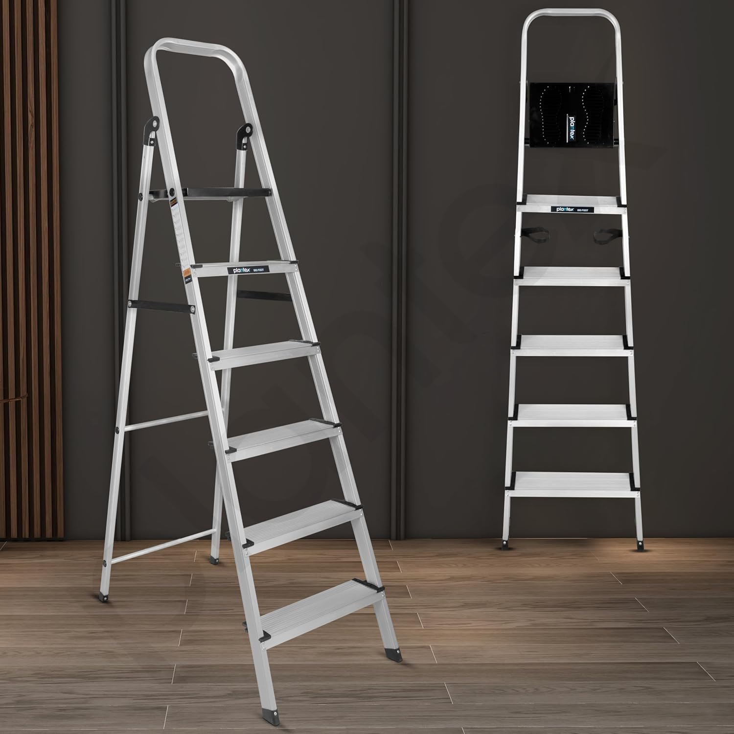 Plantex Big Foot 6 Step Ladder for Home/Aluminium Folding Ladder/Wide Anti-Skid Steps/Multipurpose Use (Black-Silver)