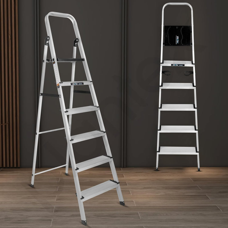 Plantex Big Foot 6 Step Ladder for Home/Aluminium Folding Ladder/Wide Anti-Skid Steps/Multipurpose Use (Black-Silver)