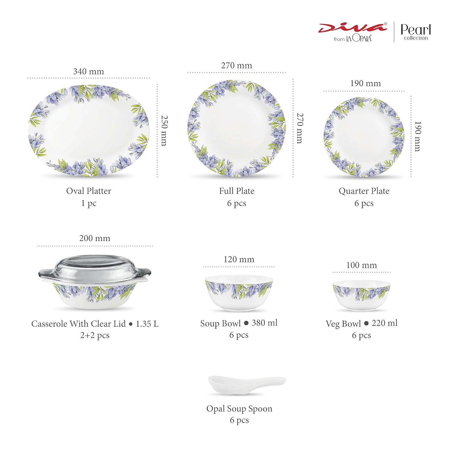 Diva by La Opala, Pearl Collection, Opal Glass Dinner Set 35 pcs, Lively Hues, White