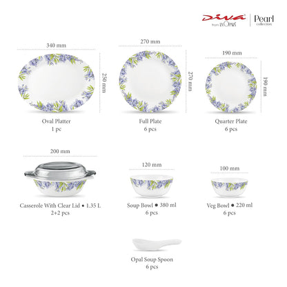 Diva by La Opala, Pearl Collection, Opal Glass Dinner Set 35 pcs, Lively Hues, White