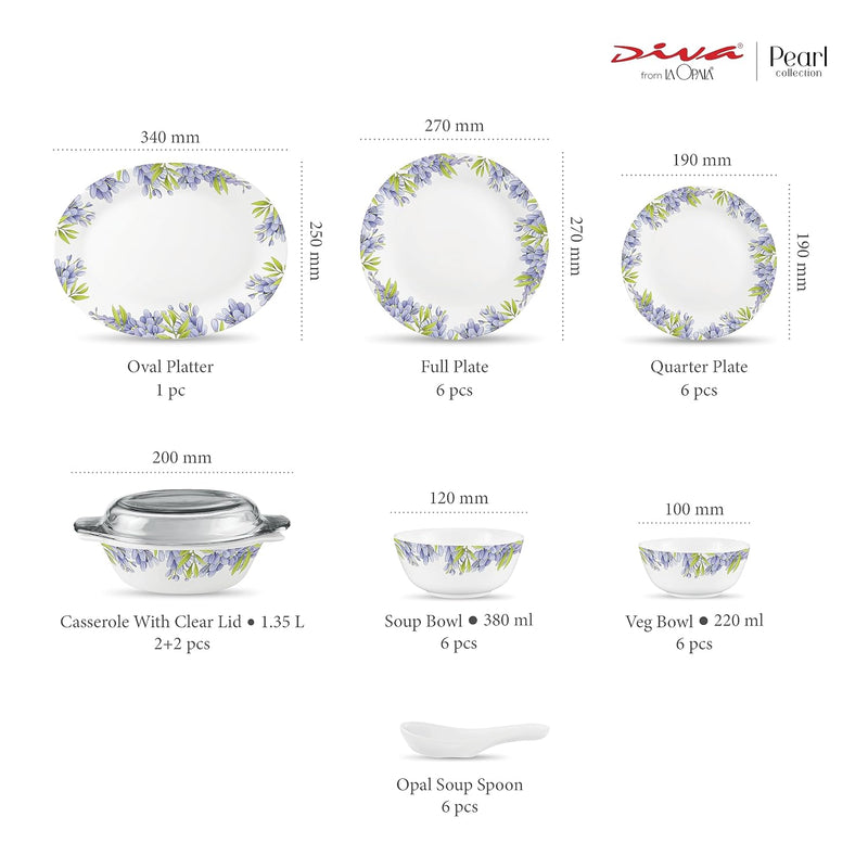 Diva by La Opala, Pearl Collection, Opal Glass Dinner Set 35 pcs, Lively Hues, White