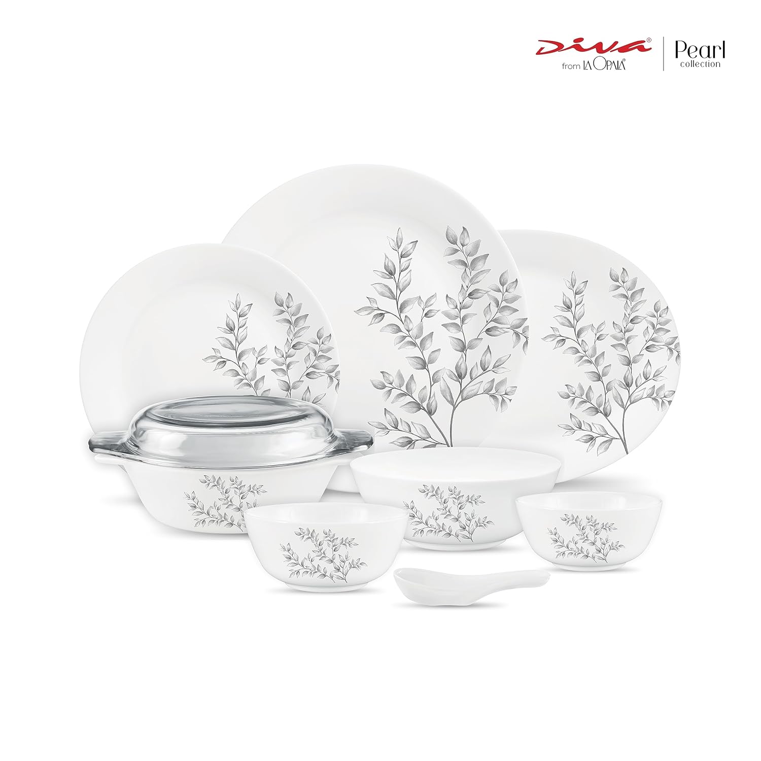 Diva by La Opala, Pearl Collection, Opal Glass Dinner Set 47 pcs, Dusky Vines, White