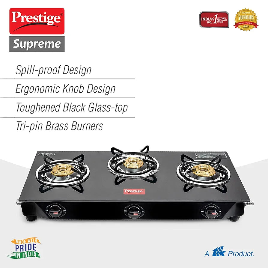 Prestige Supreme 3 Burner Glass Top Gas Stove, Black, Manual Ingnition