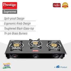 Prestige Supreme 3 Burner Glass Top Gas Stove, Black, Manual Ingnition