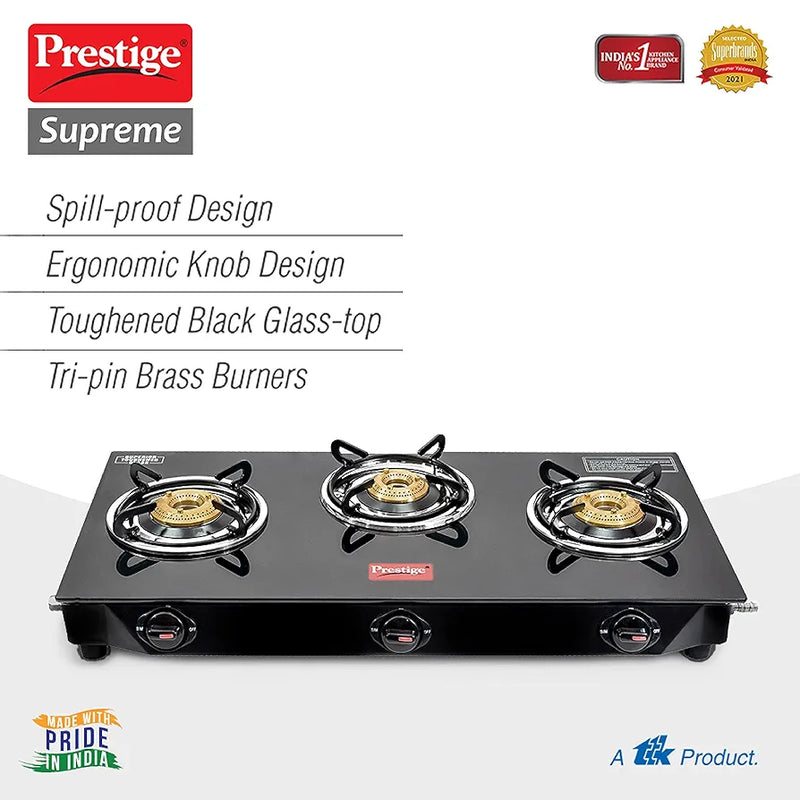 Prestige Supreme 3 Burner Glass Top Gas Stove, Black, Manual Ingnition