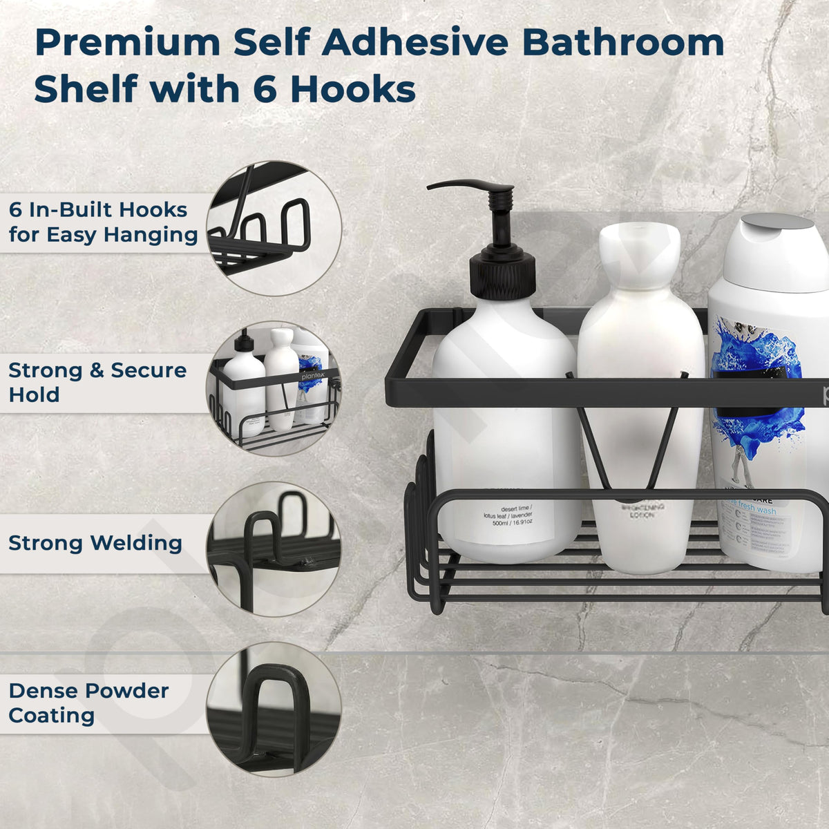 Plantex Shelf with Soap Dish for Bathroom/GI Steel Self Adhesive Bathroom Organizer/Soap Holder with Hook/Bathroom Accessories - Pack of 2 (Black)-4