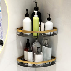 Plantex Corner Shelf for Bathroom Wall Mount/Aluminium Kitchen Corner Stand for Wall with Golden Railing & Magic Stickers/Bathroom Accessories Self Adhesive (9x9 inches, Gold & Black) - Pack of 2-1