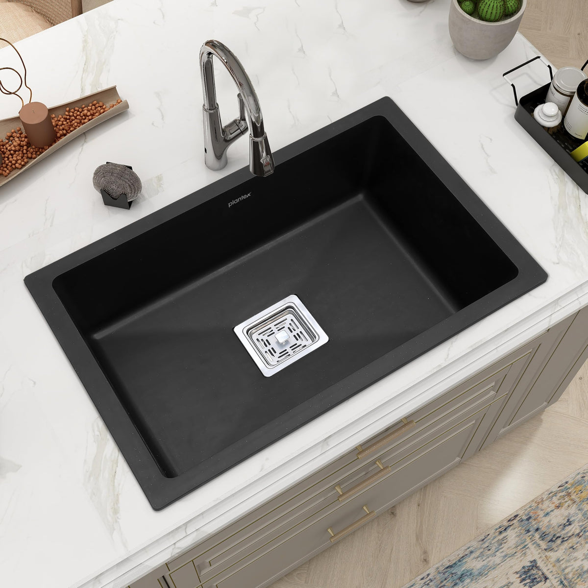 Plantex Quartz Sink for Kitchen/UV Protected Black Kitchen Sink/Granite Single Bowl Sinks/Undermount/Topmount (Black-24x18 Inches)-1