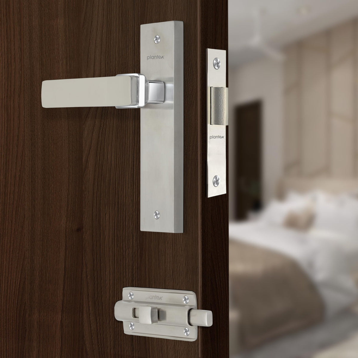 Plantex Heavy Duty Door Lock “ Bathroom Door Lock/Mortise 8inch Keyless Plate Handle Set for Home/Bathroom/Store Room/Balcony/Office with Baby Latch (8116, Satin Steel and Chrome)-1