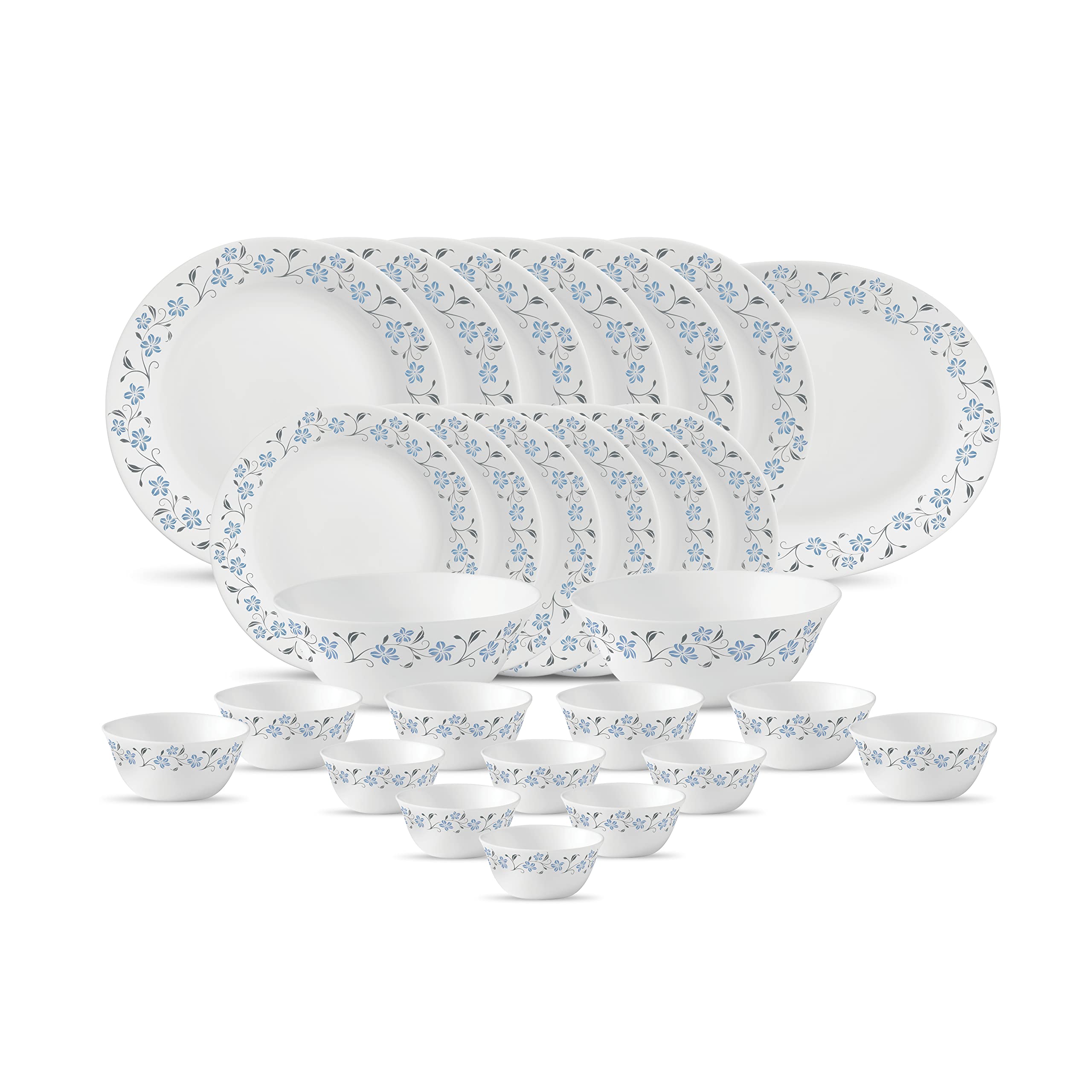 La Opala Diva, Ivory Collection, Opal Glass Dinner Set 27 pcs, Grace Blue, White