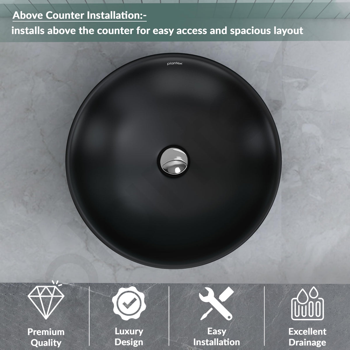 Plantex Platinum Ceramic Tabletop Round Wash Basin/Countertop Bathroom Sink/Tabletop Wash Basin(Black, 15.5 x 15.5 x 5 Inch)-2