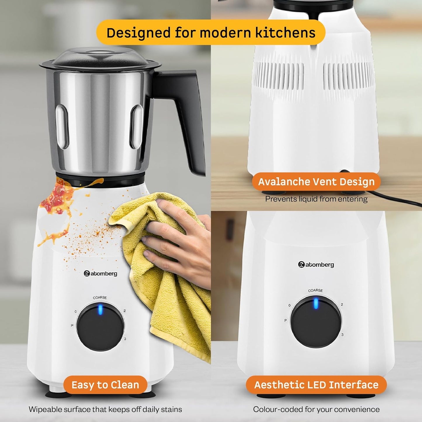 Atomberg Xiana 750 Watt Mixer Grinder | 3 Multipurpose Stainless Steel Jars | Coarse Mode for Silbatta-Like Textures | Powerful Intelligent Motor | Easy Fault LED Indication | Snow White