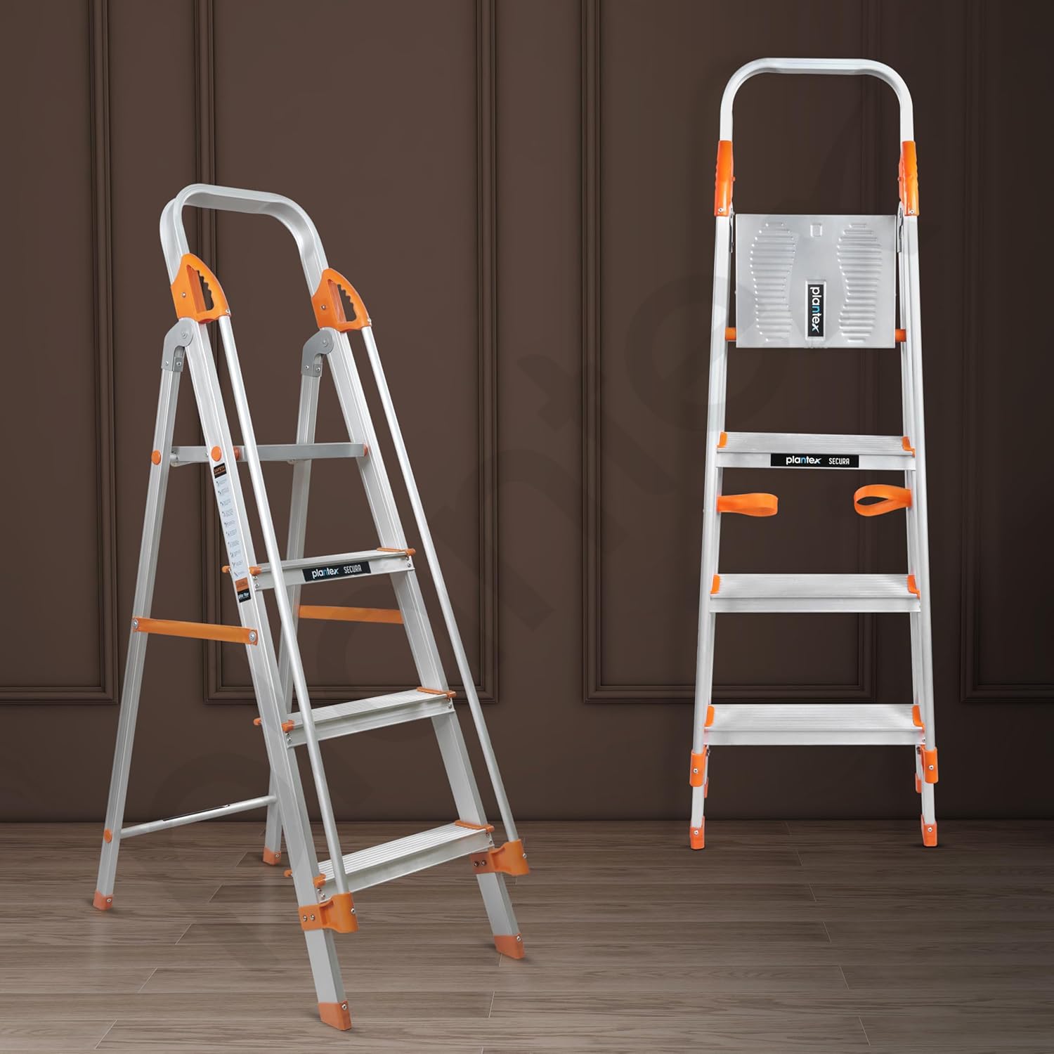 Plantex Secura 4 Step Ladder for Home/Aluminium Foldable Ladder with Safe Hand Rail (Orange-Chrome)