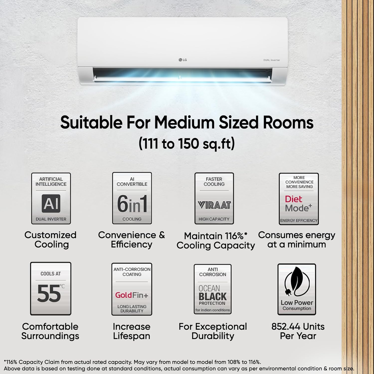 LG 1.5 Ton 3 Star DUAL Inverter Split AC (Copper, AI Convertible 6-in-1, VIRAAT Mode, Diet Mode+, Faster Cooling & Energy Saving, HD Filter with Anti-Virus Protection, US-Q18TNXE1, White)