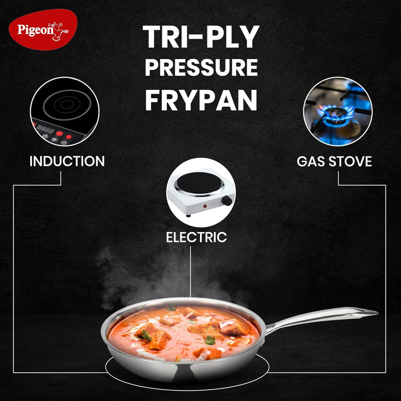 Pigeon Elite Stainless Steel Triply Fry Pan 22 cm, Gas Stove and Induction Compatible for Fast Cooking and Longer Heat R