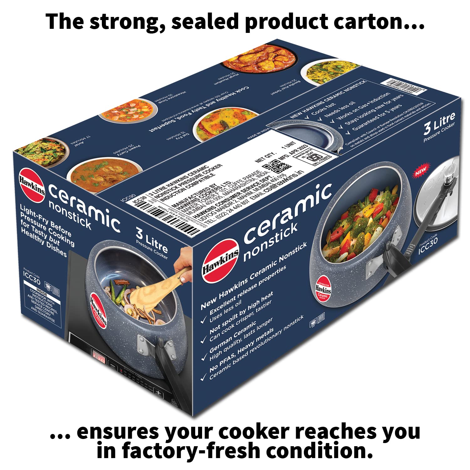Hawkins 3 Litre Ceramic Nonstick Pressure Cooker, Induction Inner Lid Cooker, Blue (ICC30)