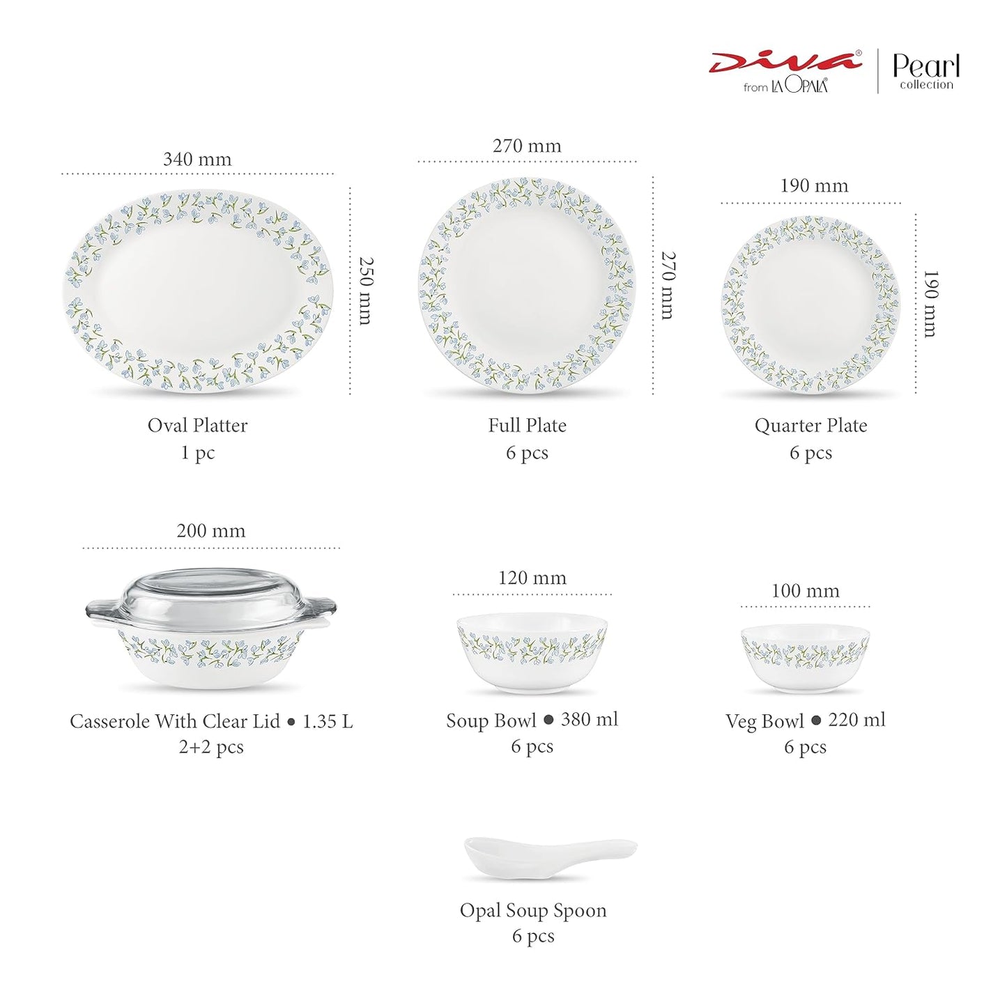 Diva by La Opala, Pearl Collection, Opal Glass Dinner Set 35 pcs, Silky Cluster, White