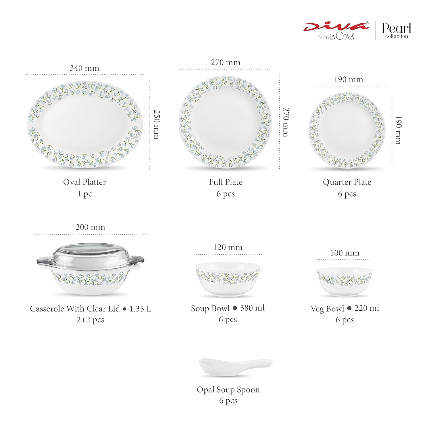 Diva by La Opala, Pearl Collection, Opal Glass Dinner Set 35 pcs, Silky Cluster, White