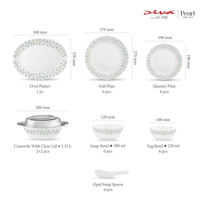 Diva by La Opala, Pearl Collection, Opal Glass Dinner Set 35 pcs, Silky Cluster, White