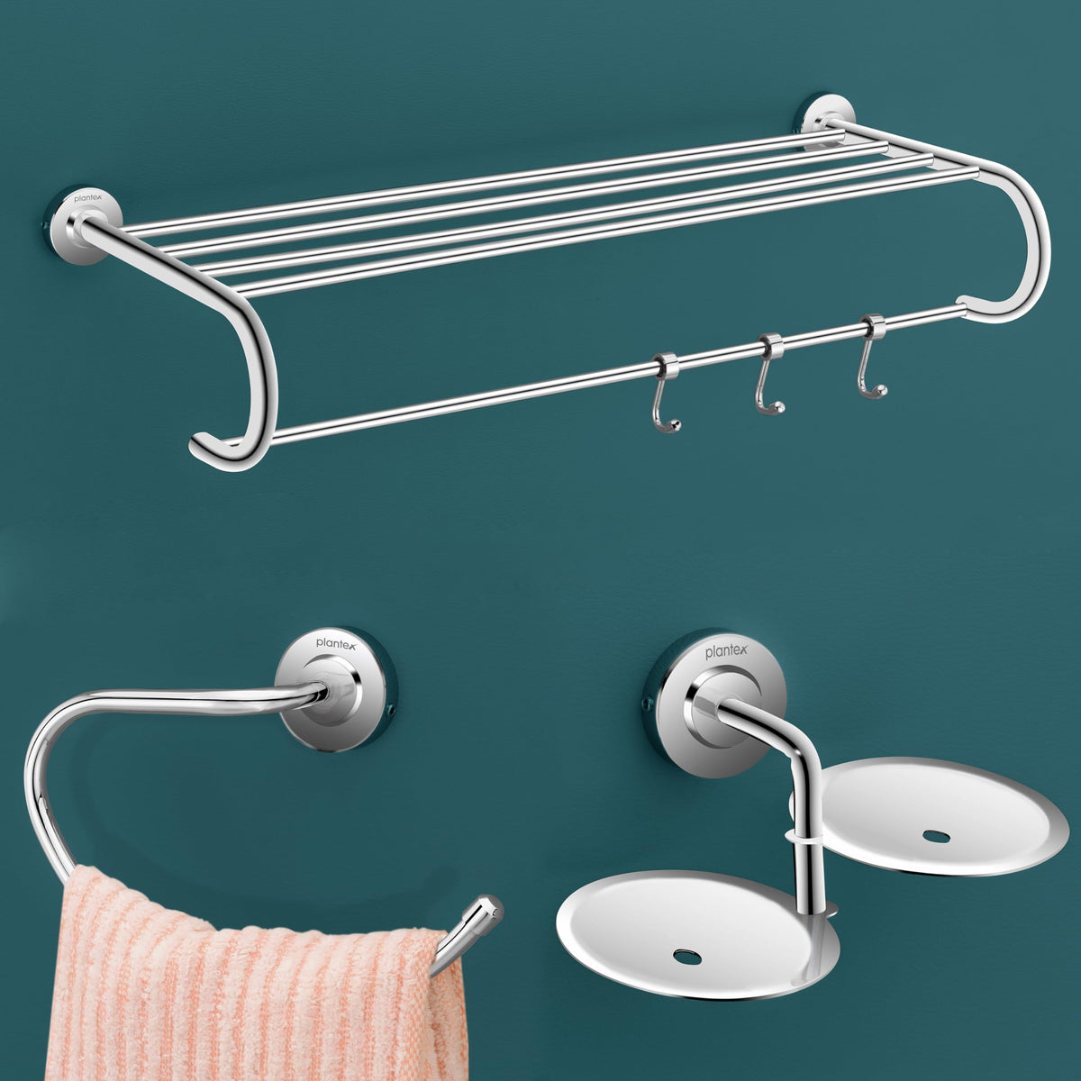 Plantex 304 Grade Stainless Steel Bathroom Accessories Set of 3 - Towel Stand/Napking Hanger/Dual Soap Holder for Bathroom - Daizy (Chrome)