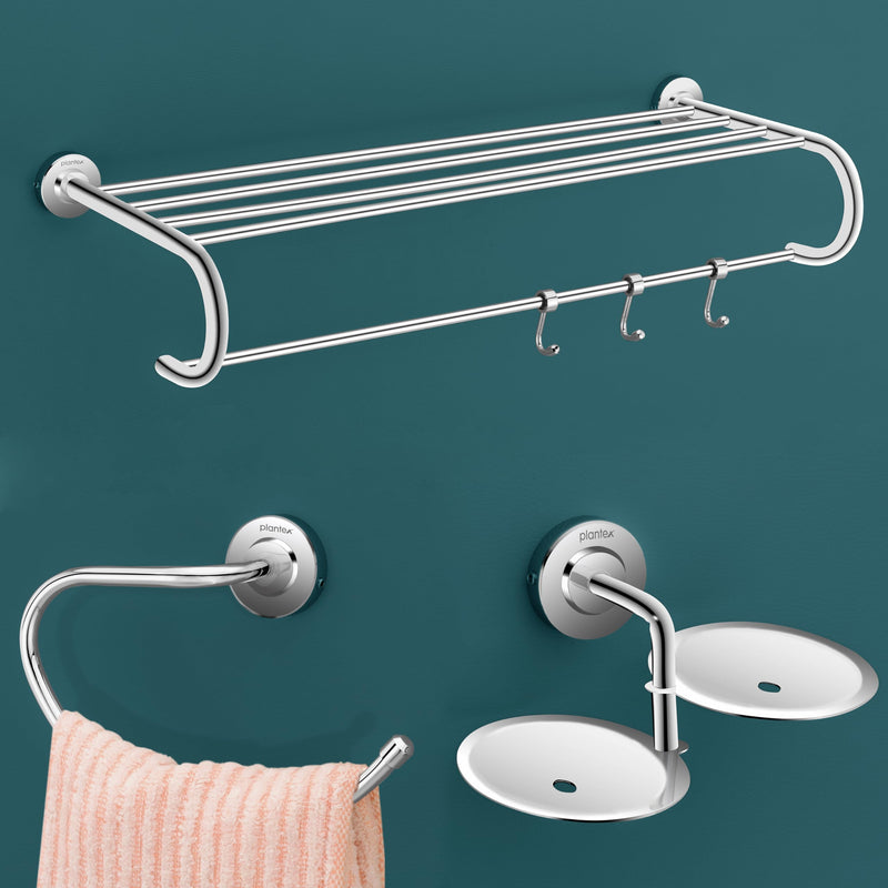 Plantex 304 Grade Stainless Steel Bathroom Accessories Set of 3 - Towel Stand/Napking Hanger/Dual Soap Holder for Bathroom - Daizy (Chrome)-1