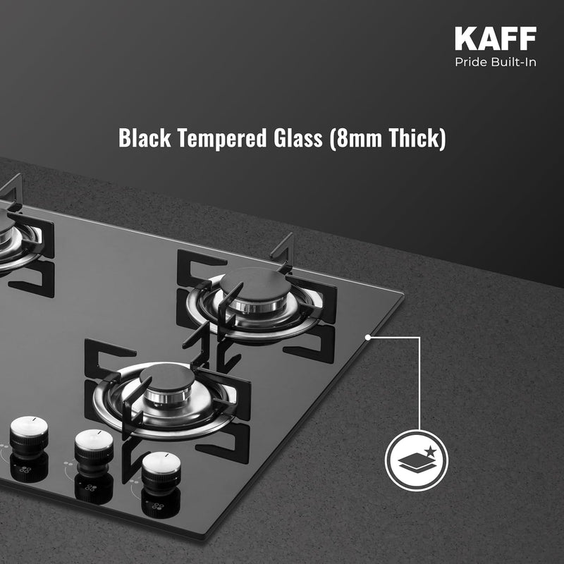 Kaff 60cm Built-in Hob 4 Burner | Auto Electric Ignition Gas Hob | Italian Burners | 8mm Toughened Glass Top | Easy Grip