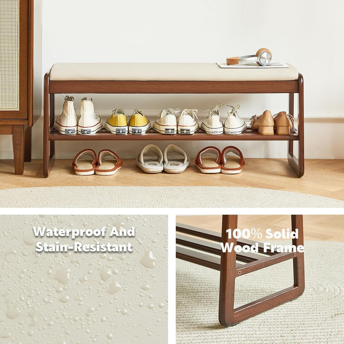 Mid-Century Elegant Wooden Shoe Bench with Padded Seat – 2-Tier Shoe Rack for Entryway, Living Room, or Bedroom