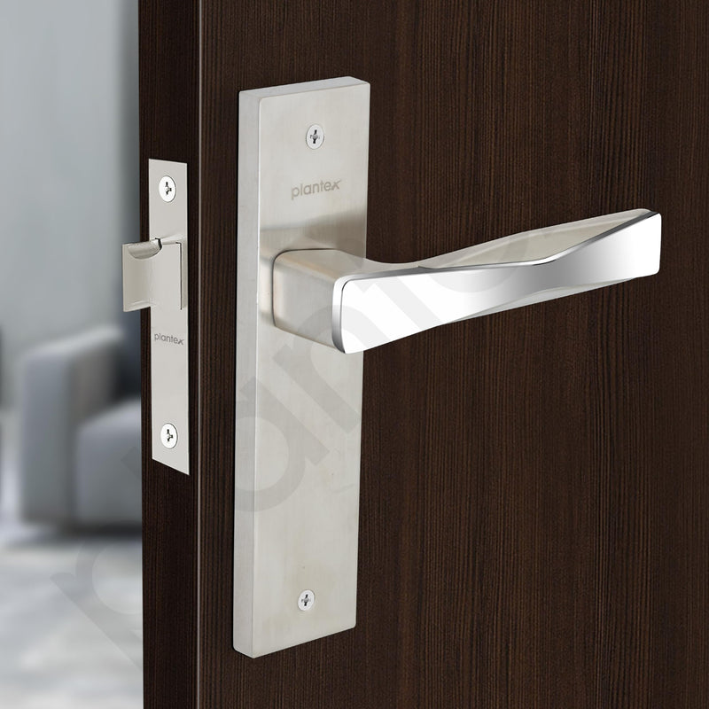 Plantex Heavy Duty Door Lock “ Bathroom Door Lock/Mortise 8inch Keyless Plate Handle Set for Home/Bathroom/Store Room/Balcony/Office with Baby Latch (8085, Steel Satin and Chrome)-4