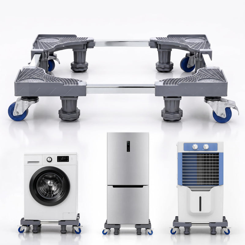 Plantex Adjustable Washing Machine Stand for Fridge/Heavy Duty Refrigerator Trolley with Lockable Wheels/8 Jack Anti-Vibration Support/180 kg Load Capacity - (Grey & Chrome)-1