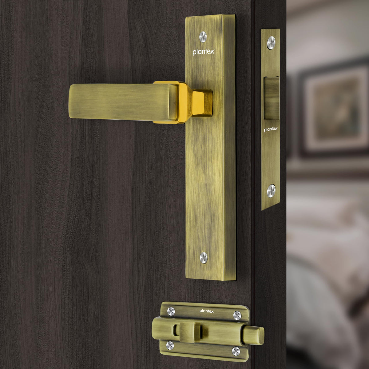 Plantex Heavy Duty Door Lock “ Bathroom Door Lock/Mortise 8inch Keyless Plate Handle Set for Home/Bathroom/Store Room/Balcony/Office with Baby Latch (8116, Brass Antique & Gold)