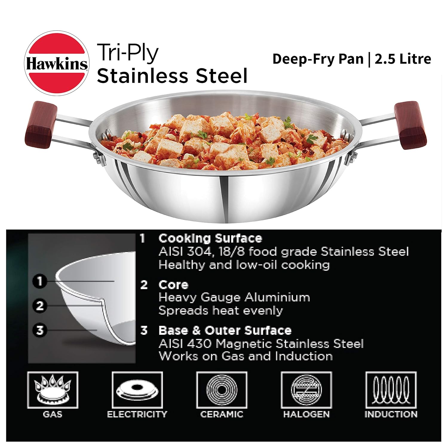 Hawkins 2.5 Litre Deep Fry Pan, Triply Stainless Steel Kadai, Flat Bottom Induction Kadhai, Silver (SSD25)