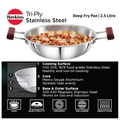 Hawkins 2.5 Litre Deep Fry Pan, Triply Stainless Steel Kadai, Flat Bottom Induction Kadhai, Silver (SSD25)