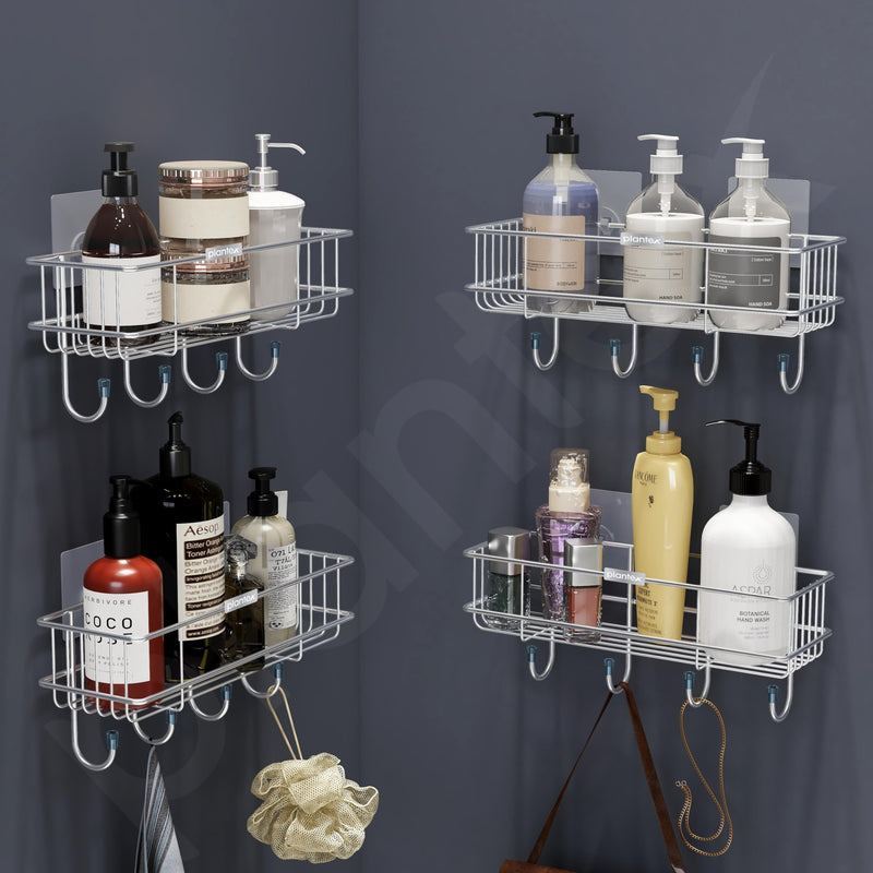 Plantex Stainless Steel Self-Adhesive Multipurpose Bathroom Shelf with Hooks/Towel Holder/Rack/Bathroom Accessories-Wall Mount - Pack of 4 (Chrome)-2