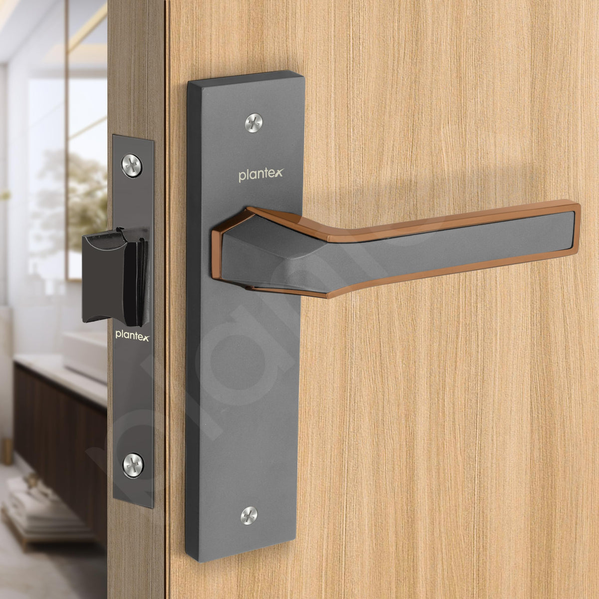 Plantex Heavy Duty Door Lock “ Bathroom Door Lock/Mortise 8inch Keyless Plate Handle Set for Home/Bathroom/Store Room/Balcony/Office with Baby Latch (8126, Grey & PVD Choco)-4