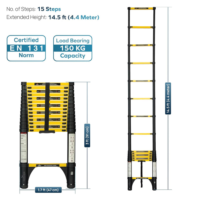 Corvids 4.4m (14.5 ft) Folding Carbon Steel Telescopic Ladder, 2-Year Warranty, 15-Step Heavy Duty Extension Ladder, Q195 Rustproof Alloy Steel, Portable & Collapsible Ladder for Home & Outdoor use