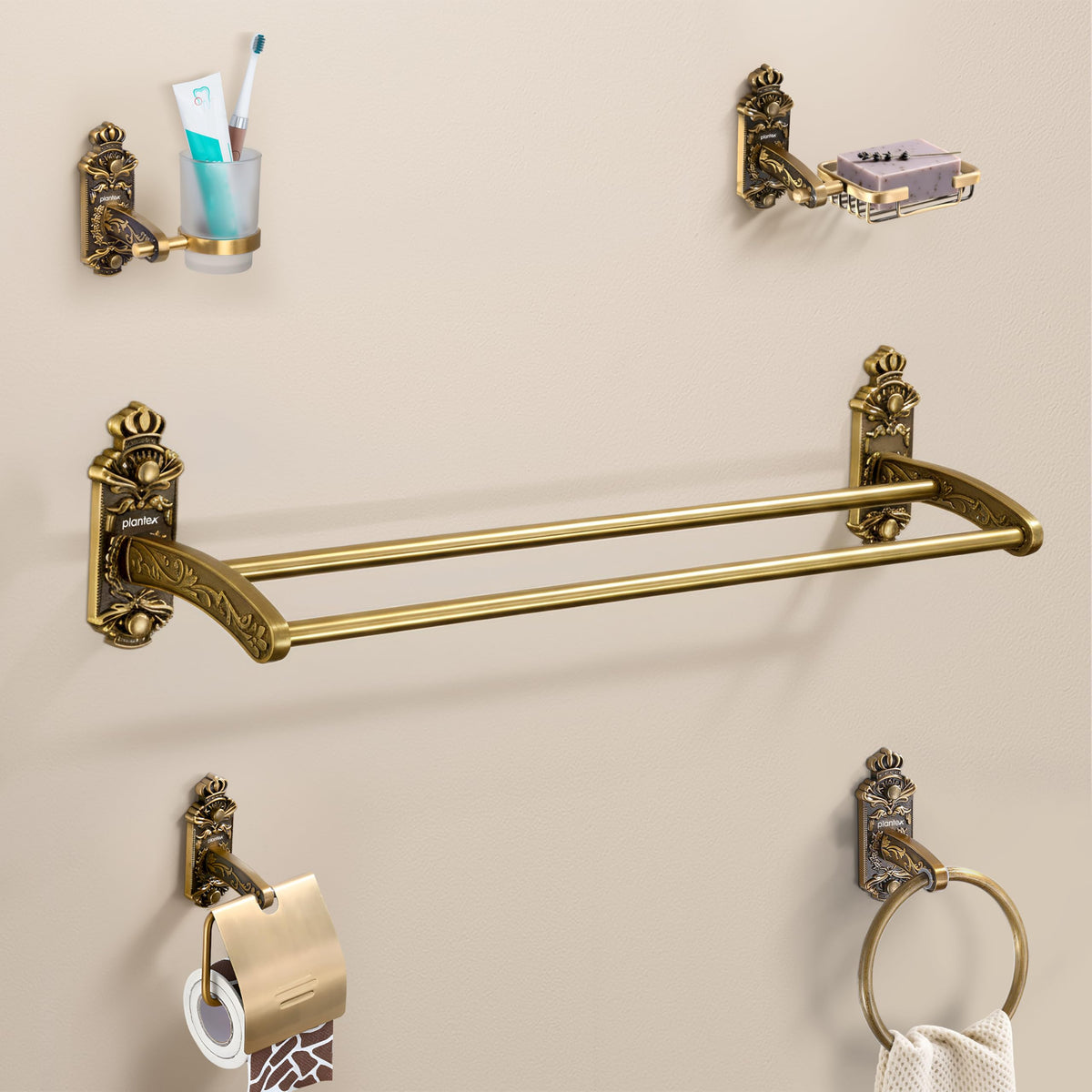 Plantex Aluminium Antique Bathroom Accessories Set Of 5-Pcs/Bathroom Hardware Set (Towel Rod/Napkin Ring/Paper Holder/Soap Dish/Tumbler Holder), Gold-1