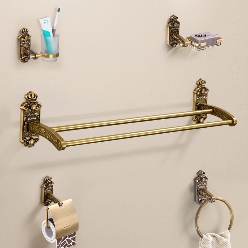 Plantex Aluminium Antique Bathroom Accessories Set Of 5-Pcs/Bathroom Hardware Set (Towel Rod/Napkin Ring/Paper Holder/Soap Dish/Tumbler Holder), Gold-1