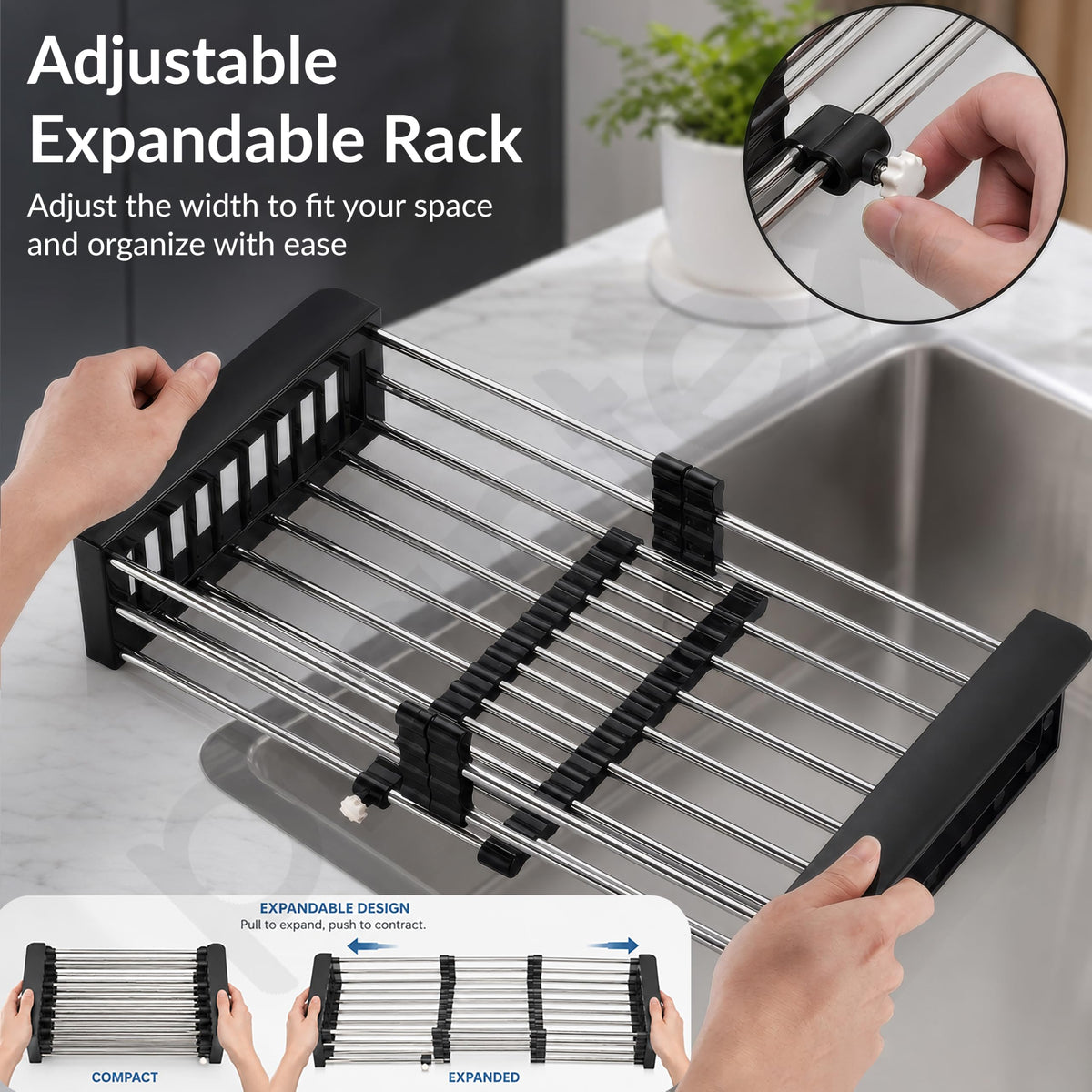 Plantex Stainless Steel Kitchen Sink Strainer/Drain Basket With Adjustable Armrest Kitchen Rack/Vegetable Washing Basket for Sink/Expandable Drain Dish Rack (Pack of 1, Black)-4