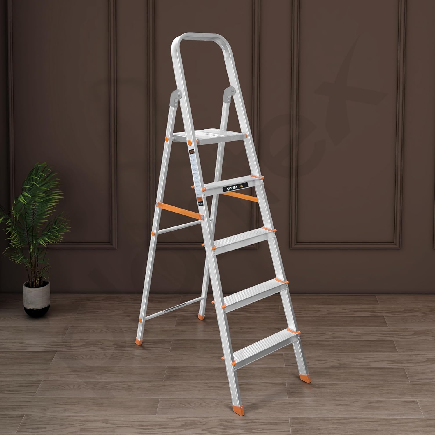 Plantex Restructured Legend Aluminium Folding 5 Step Ladder for Home - 5 Wide Step Ladder (Orange-Chrome)