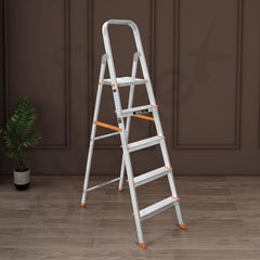 Plantex Restructured Legend Aluminium Folding 5 Step Ladder for Home - 5 Wide Step Ladder (Orange-Chrome)