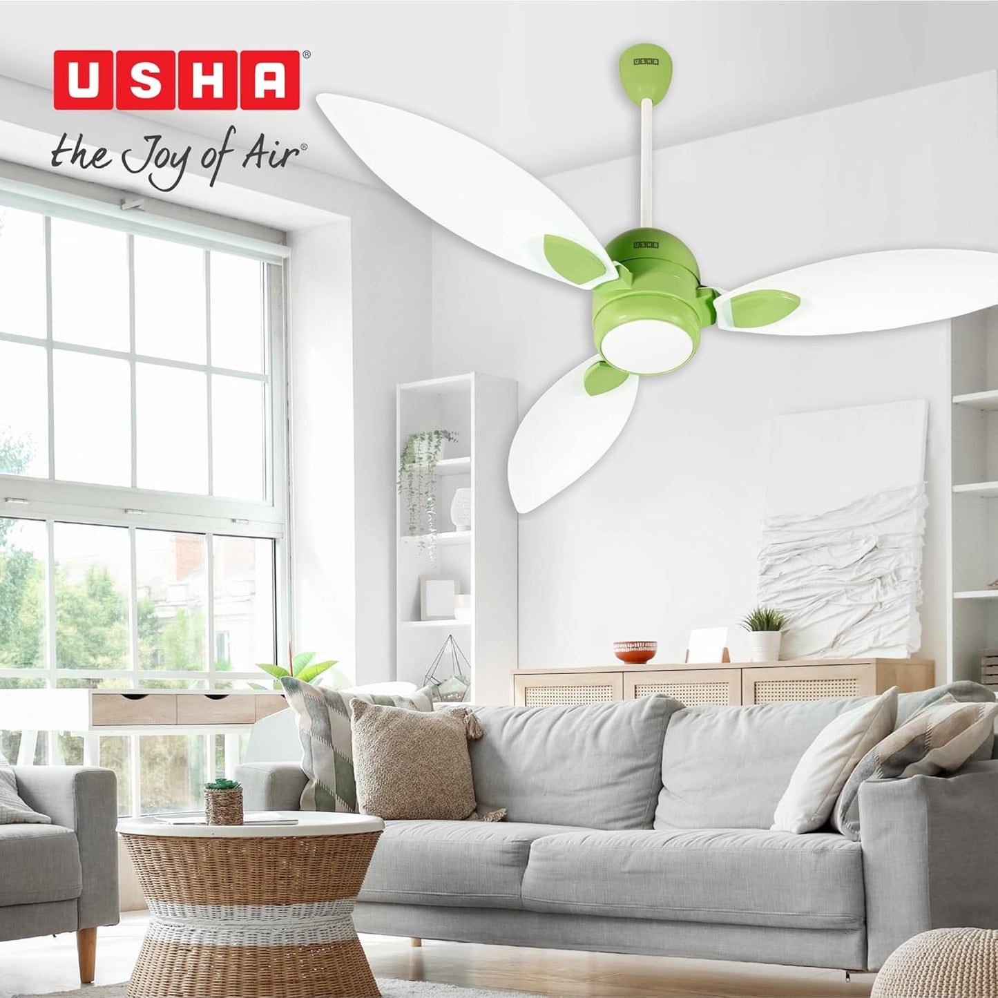 USHA New Bloom Series Sunspire Glow (Inspired by Sunflower) BLDC Ceiling Fan with Underlight with 3 Modes | RF Remote | Whisper-Quiet | Dust-Resistant (White & Light Green)
