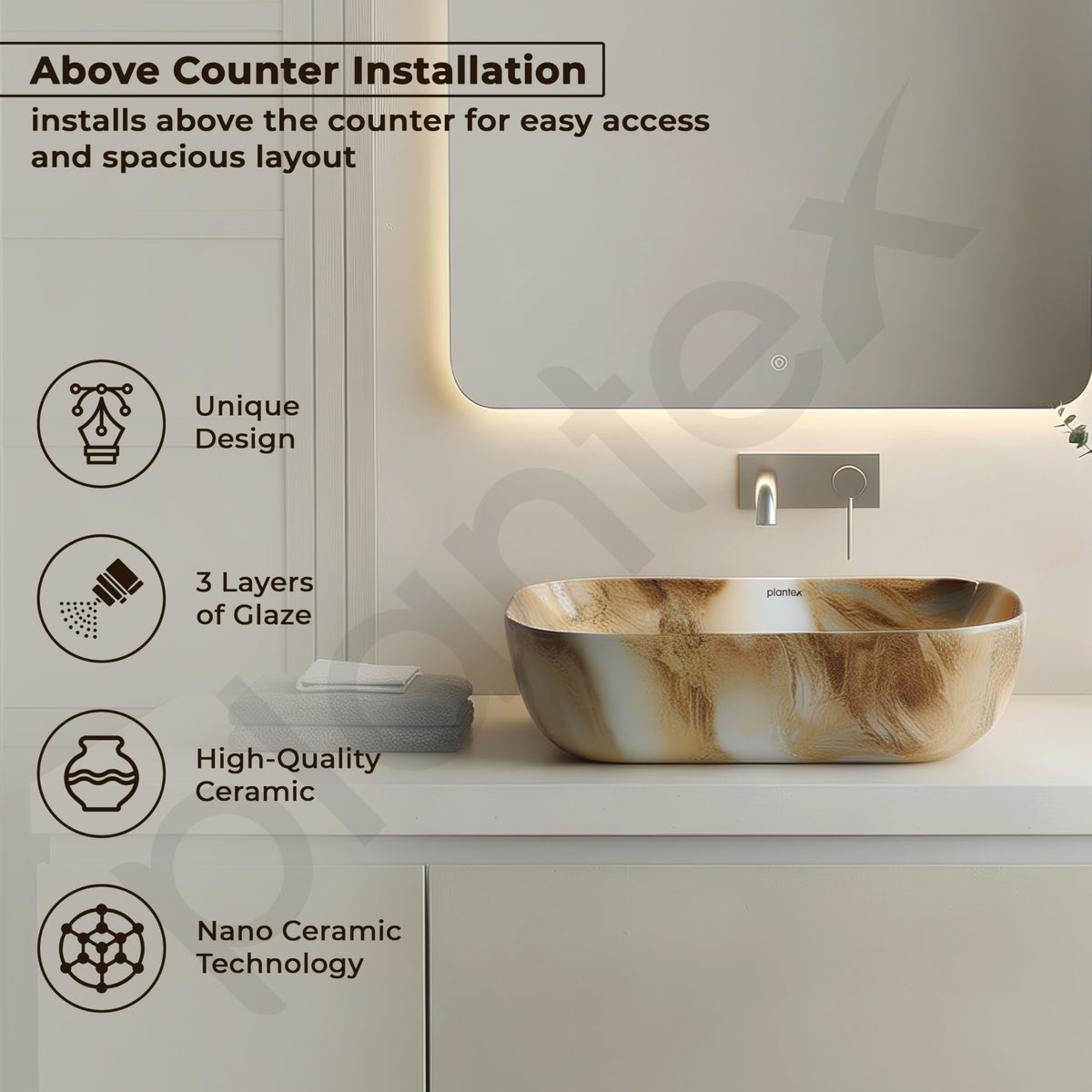 Plantex Ceramic Tabletop Basin Sink/Basin for Bathroom/Wash Basin/Washbasin for Restaurant, Hotel (Marble Finish, 18 x 13 x 5.5 Inch)-2